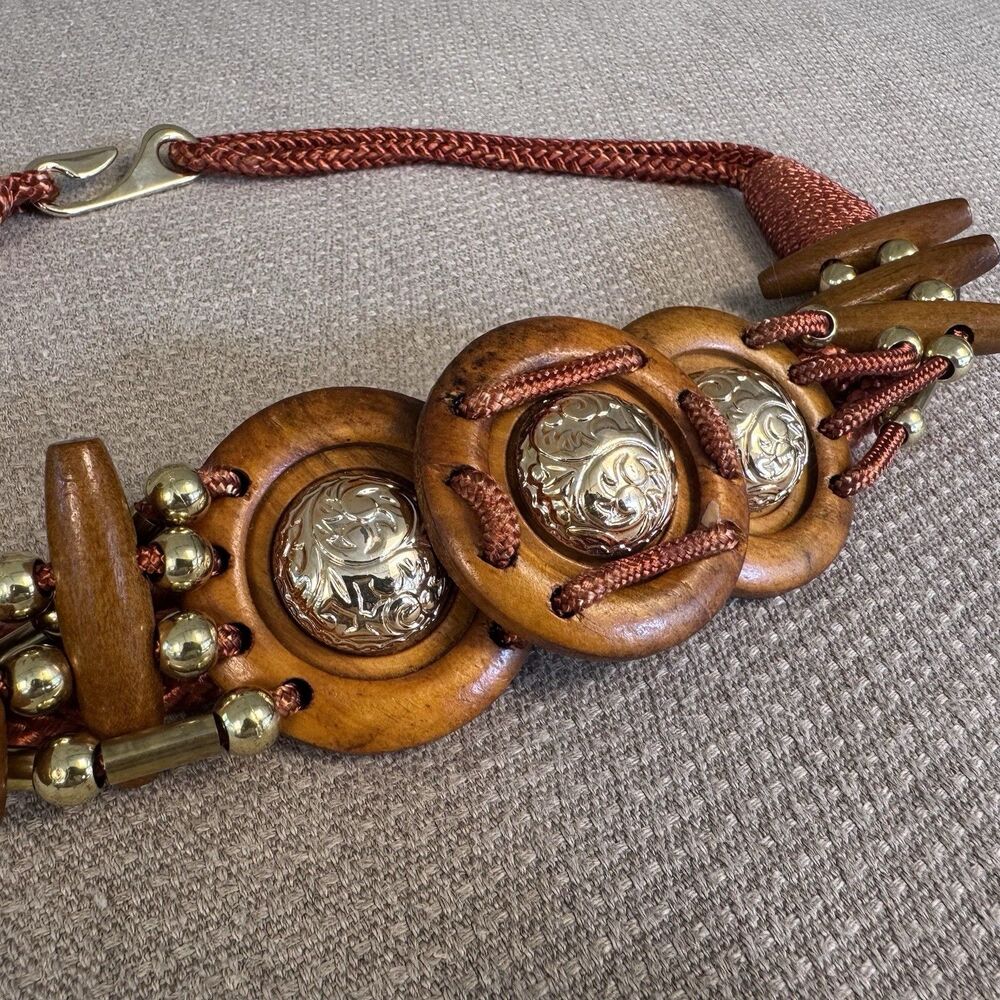 VTG Braided Rope Belt Macrame Woven Boho Style Wood Beads Gold 80s Vibe 545